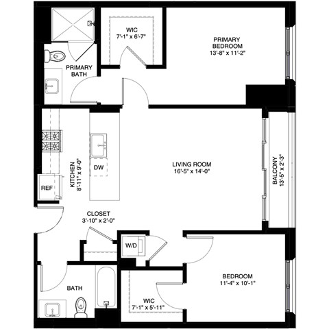 Floor plan for 2 beds, 2 baths, 1063 sqft
